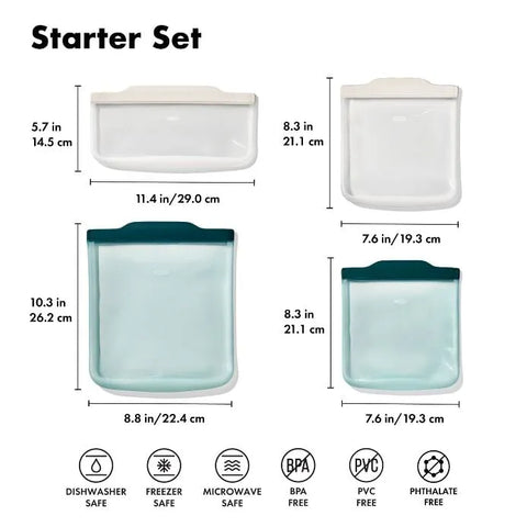 Silicone Reusable Bag - 4 Piece Starter Set - Oat/Lagoon